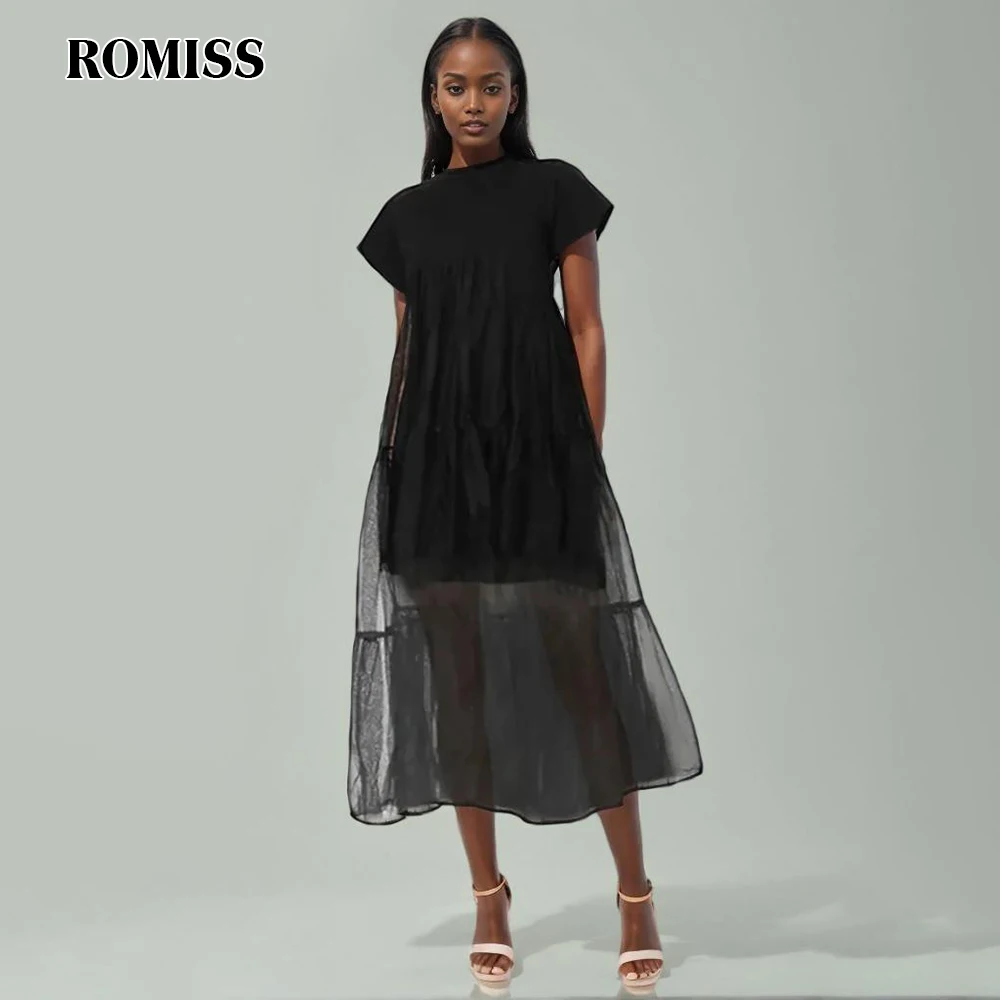 ROMISS Casual Solid Midi Dresses For Women Round Neck Short Sleeve High Waist Spliced Mesh Minimalist Loose A Line Dress Female