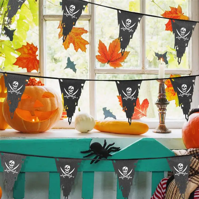 

9m Halloween Pirate Banners Pirate Skull Printed Black Pennant Triangle Flags Pirate Theme Party Decoration Birthday Party