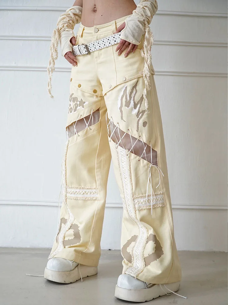 Temperament Light Beige Hollow Lace-up Removable Versatile Jeans Summer Personalized Girl Loose Leisure Street Straight Trousers