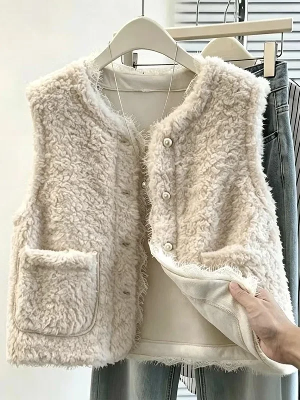 Women's Loose Fit Lightweight Warmth New Wool Lace Patchwork Jacket Outerwear Fashion Versatile Style Regular Thickness