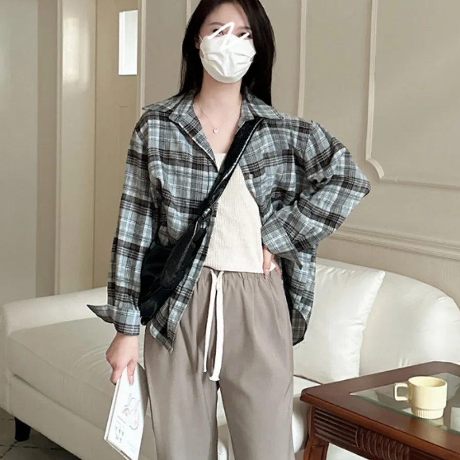 Casual Chic Donna irt Coreano Sle Primavera Autunno Plaid Lungo Sve Lazy Sle Versatile Semplice Stratificazione Top Traspirante Sk...