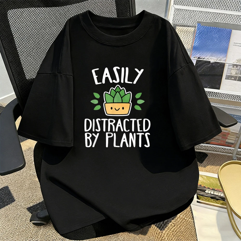 Easily Distracted By Plants Gardener T-Shirt Cute Funny Succulent Cartoon Printing Tshirt Fashion Plant   Unisex Cotton Tees