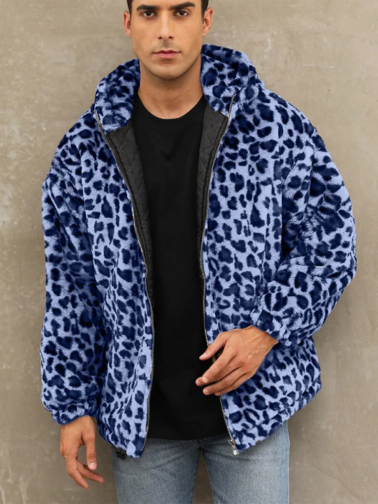 2024 Autumn Winter Faux Fur Leopard Coat Men's Warm Plush Zipper Long Sleeve Hooded Jacket Male Fashion Street Thickened Coat