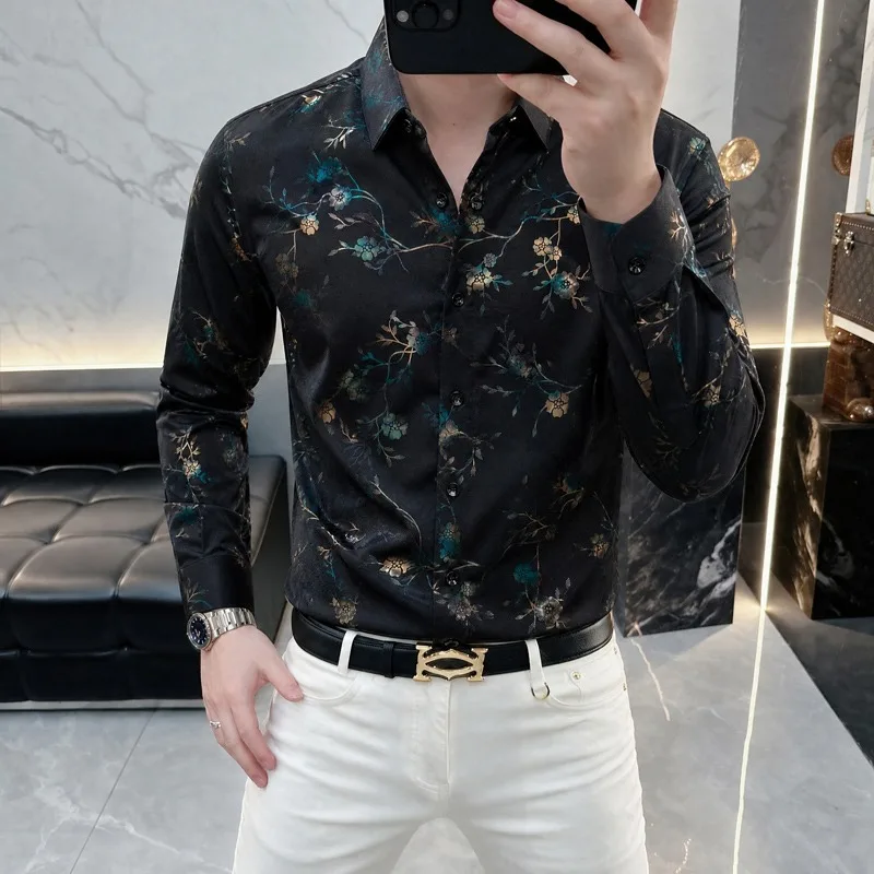 Trendy Autumn Floral Long Sleeved Shirt for Men Slim Fit Casual Business Dress Shirts Social Office Versatile Men's Clothing