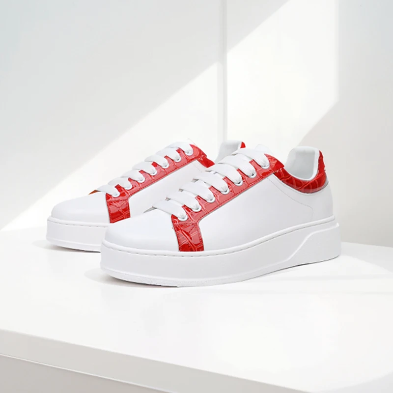 Zapatillas bajas rojas de cuero de vaca con cordones para mujer, zapatillas de negocios con diseño de piedra, zapatos informales planos Unisex hechos a mano