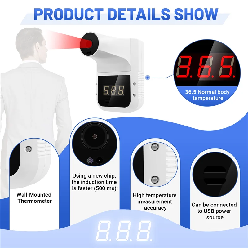 【تصقيد الأخير!】ميزان حرارة رقمي K3 مثبت على الحائط بالأشعة تحت الحمراء، مقياس حرارة للجسم للجبهة، شاشة LCD للمكتب المترو Home U