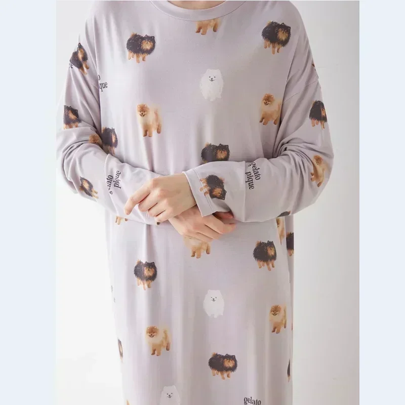 Room Wear Ladies Pajamas Autumn and Winter New Women\'s Nightdress Teddy Bichon Pomeranian Long Sleeve Dress Cotton