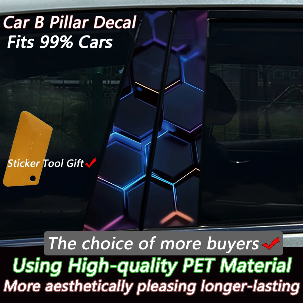 4Pcs/Set Hexagon Neon Purple Tech Cyber Geometric Car Center B Pillar Protective Film Sticker For Cruiser LC200 LC300 FJ20