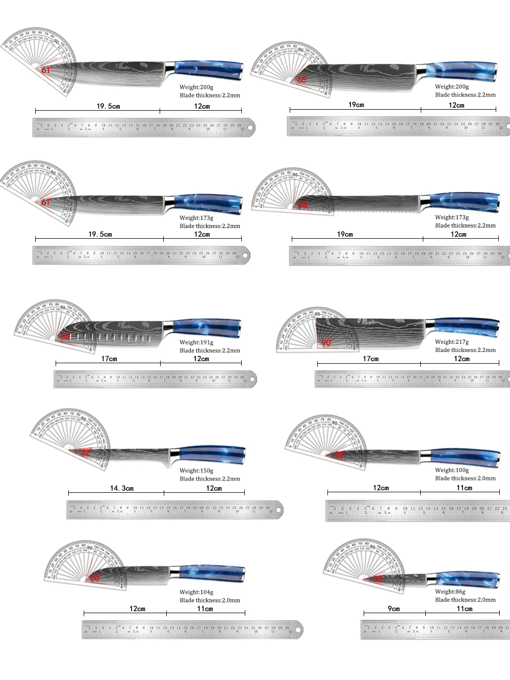 XITUO Kitchen Knife Set 2-10 Pc Stainless Steel Chef Knife Sharp Santoku Meat Slicing Utility Knife Blue Resin Handle