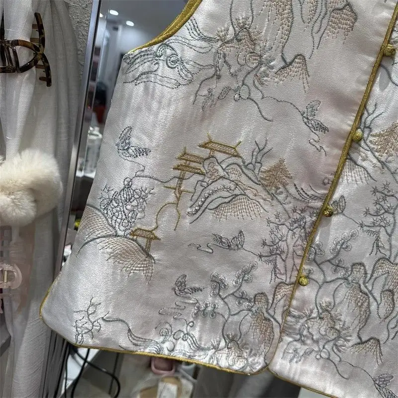 Floral Embroidered Vest Women Retro Chinese Vintage Ethinic Style Sleeveless Tops Oversized