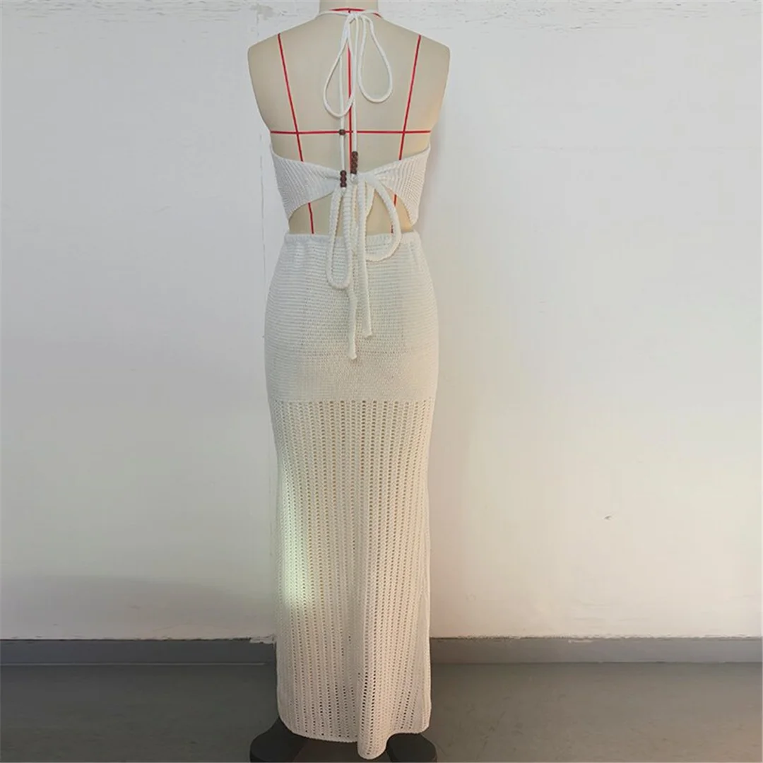 V-Ausschnitt, Halterneck, einfarbig, gehäkelt, gestrickt, zweiteiliger Anzug, Strandkleid, Strandmode, Strandbekleidung, Strandüberwurf, Damen, V7648 – Detail 10