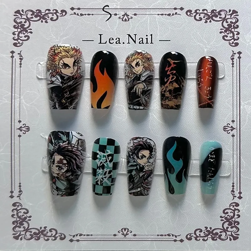 Fatto à la main mignon hautement détaillé japonais Anime eau et feu Hashira portable press-on ongles-flame à carreaux Cosplay pour les fans