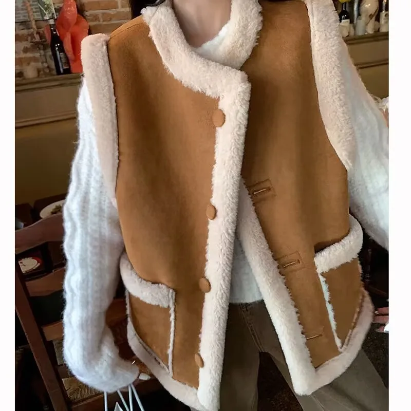 

Women Thicken Plush Cashmere Vest Coat Faux Fur Warm Patchwork Waistcoat Autumn Covered Button Waistcoat Street Jacket 2024