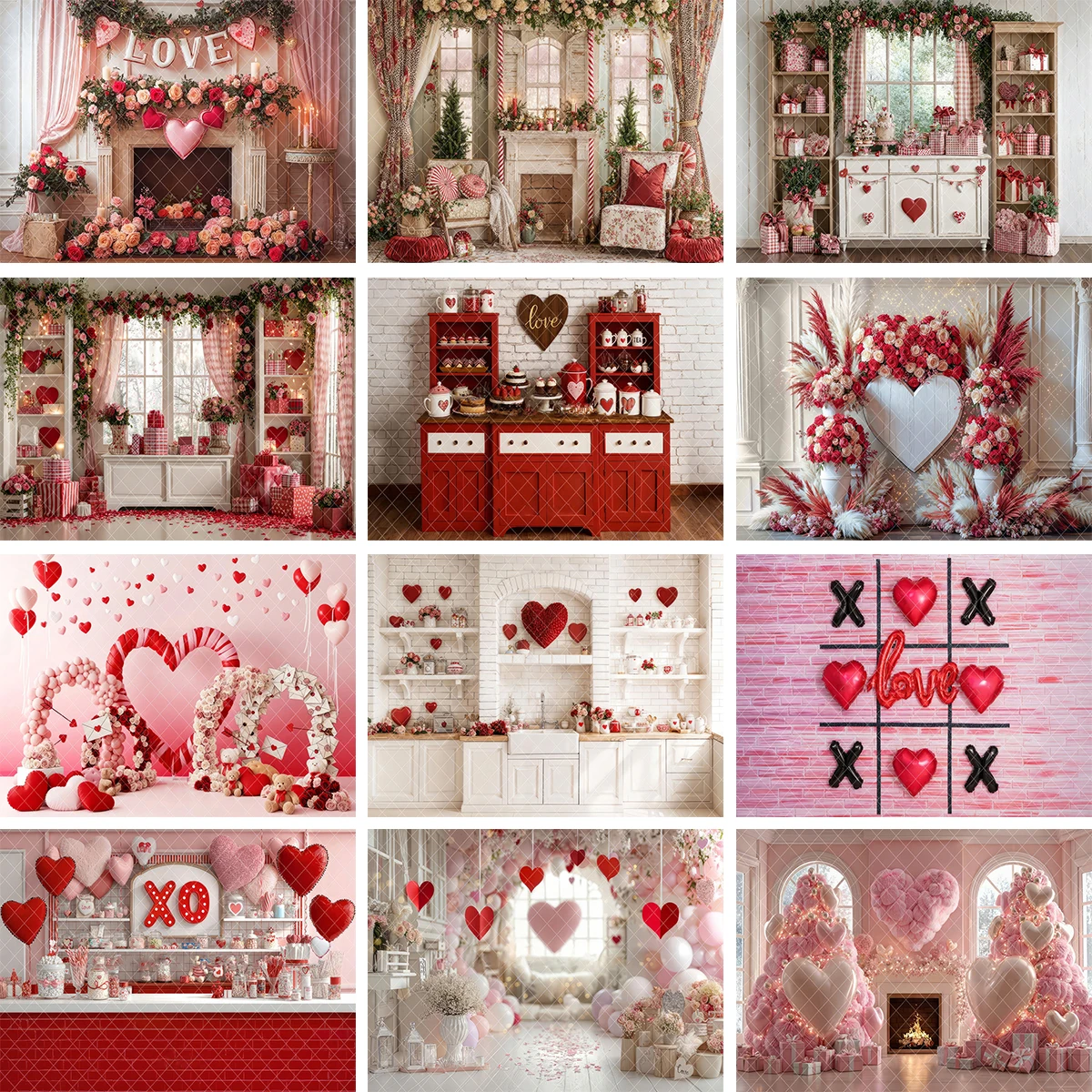 Valentines Day Pink Boho Kitchen Backdrops Kids Adult Photography Baby Floral Fireplace Cabinet Red Balloons Windows Background