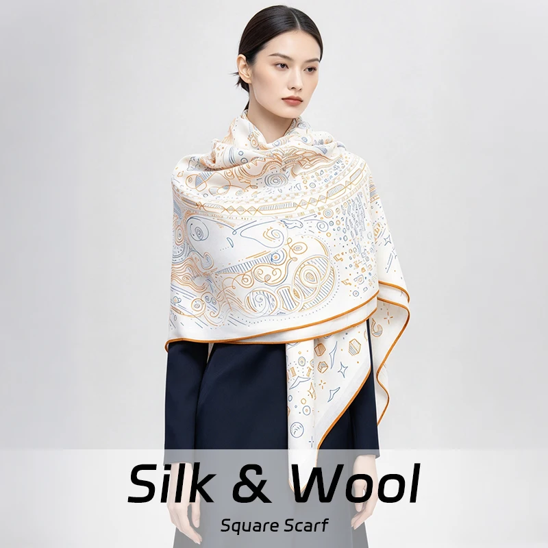 Autumn and Winter Warm Scarf 30% Pure Natural Silk+70% Wool 130x130CM Double-sided digital printing orange Line pattern shawl