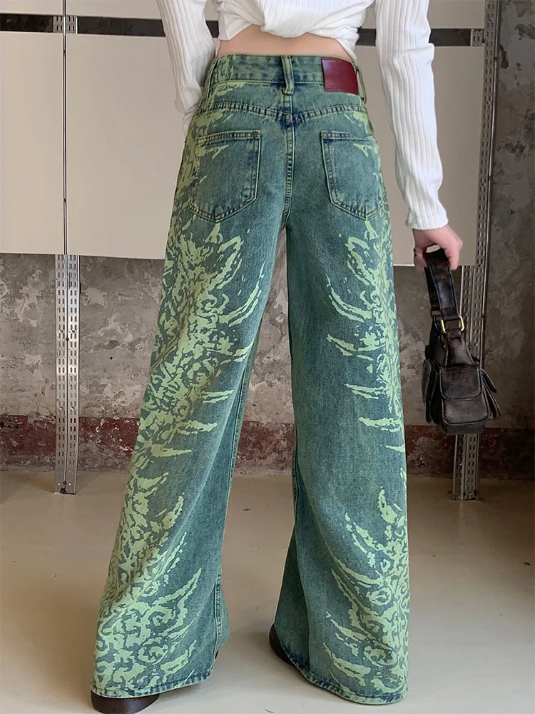 Woman Wide Leg Jeans Gradient Color Denim Tie-dyed Pants Floor-Length Trousers New Design Casual Fashion Streetwear All-match