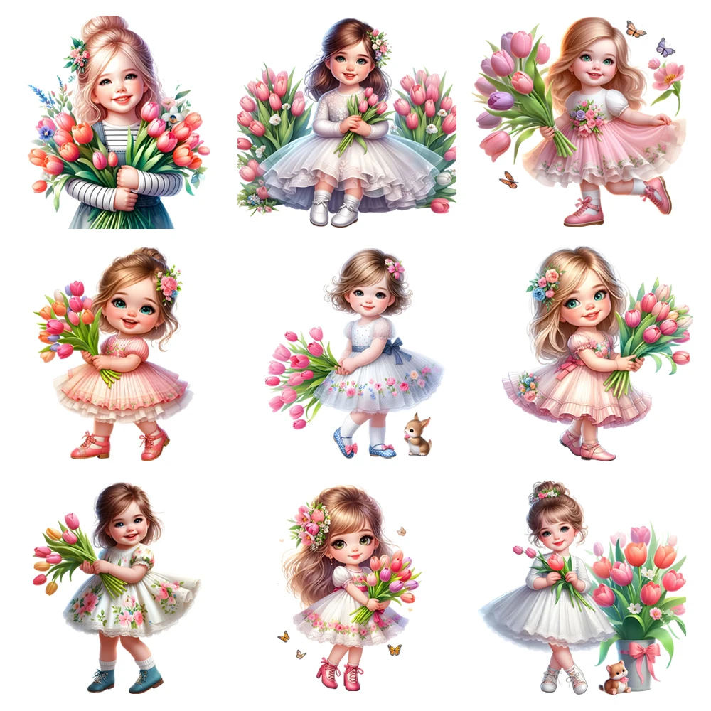 20cm Cartoon Flower Tulip Girl Princess Iron On Heat Transfer Sticker For Clothes Pinted Vinyl Thermal Washable T-Shirt Decal