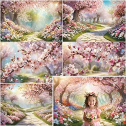 MOON.QG Pink Sakura Flower Blossom Spring Backdrop Fairy Floral Enchanted Garden Birthday Background Photography Shooting Props