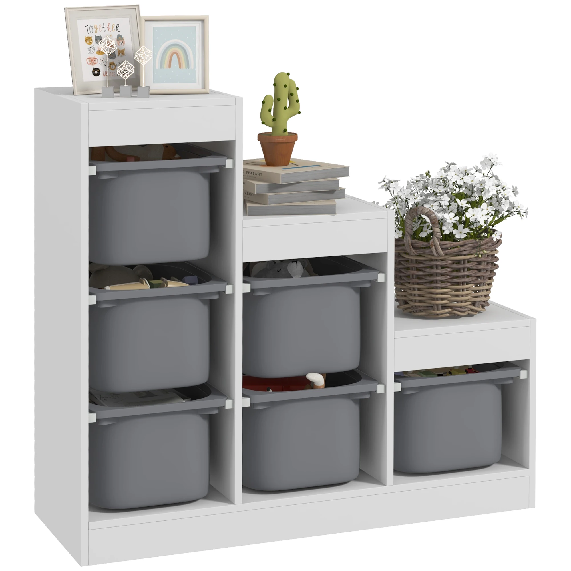 3 Layers Kids Toy Storage Organizer with 6 Storage Bins, Kids Bookshelf for Ages 3-8 Years, Playroom, Bedroom, Gray