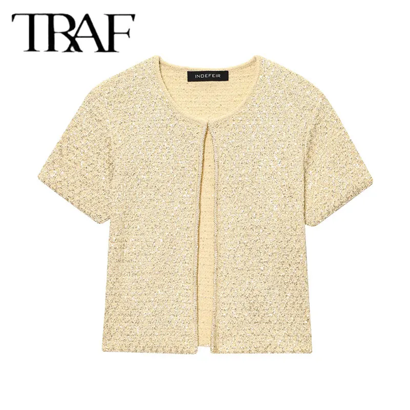 

TRAF 2025 Women's New Jacket Summer Yellow Short Sleeve Sequin-embellished Knit Jacket Casual Fashion Personality Versatile