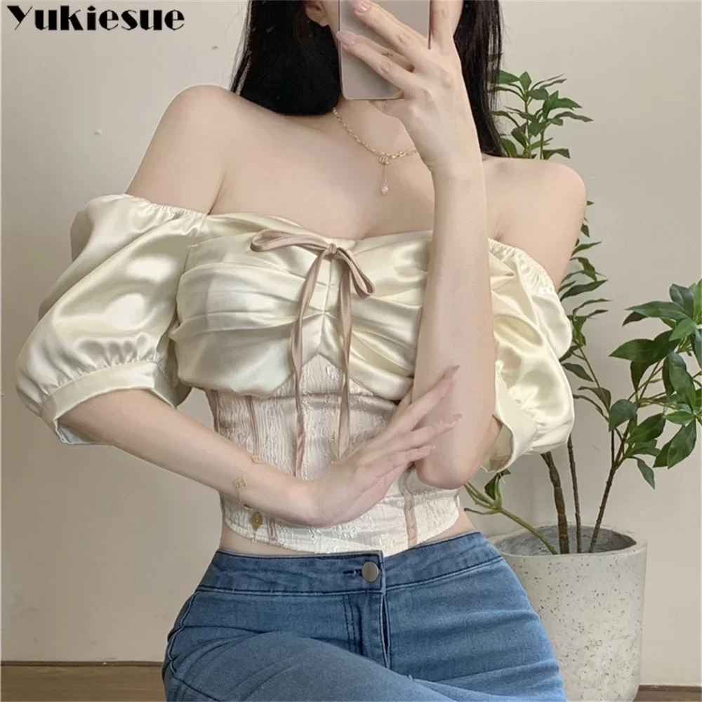

Винтажный укороченный топ с открытыми плечами Y2K, милая футболка с завязками, корсет с квадратным воротником, летняя футболка с пышными рукавами, женская уличная одежда 90-х годов