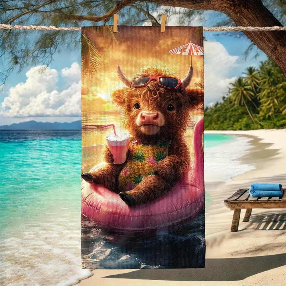Adorable Highland Cow Beach Towel Funny Highland Cow in Pineapple Outfit on Pool Float Pattern Animal Lover Vacation Blanket