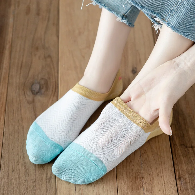 女性用通気性コットンアンクルソックス,ボートソックス,浅い口,見えない,パッチワークカラー,夏のファッション,3ペア