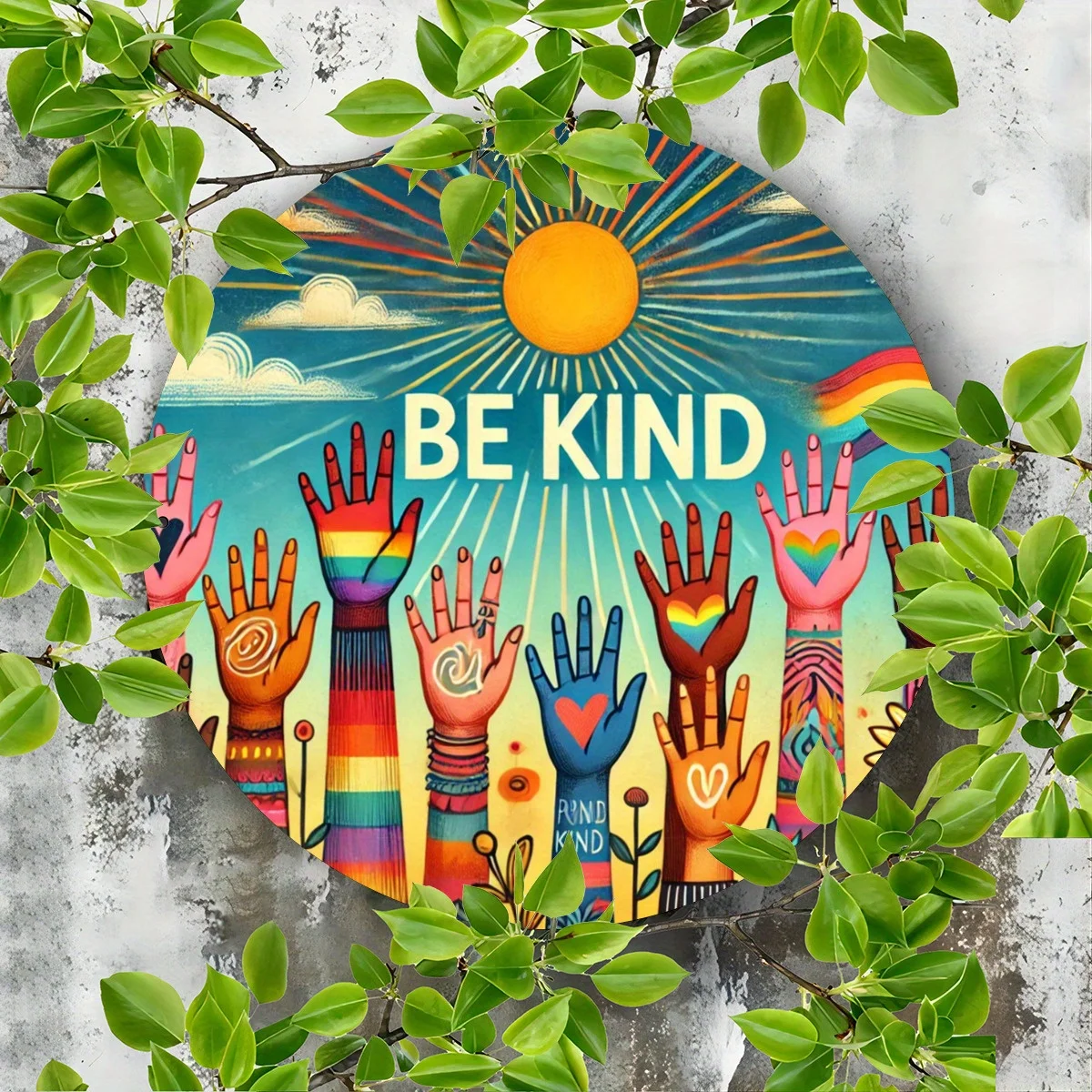 1 шт., вдохновляющий круглый металлический знак «Be Kind» — яркая тема единства и доброты, устойчивый к атмосферным воздействиям железный настенный рисунок для улицы, крыльца
