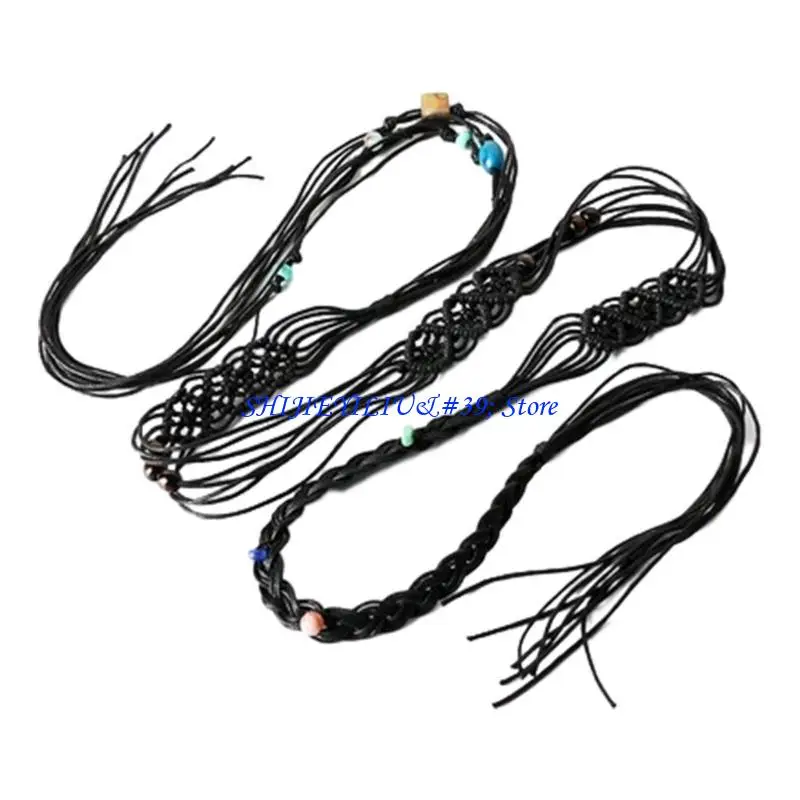 

E21F Hollow out Bohemian Waist Rope with Beads Decors Braided Belt for Ladies Dress