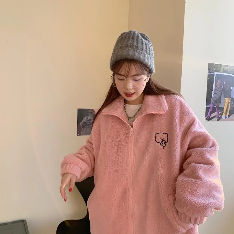 Kawaii Standing Collar Lamb Wool Women Sweatshirts Plush and Thickened Loose Cartoon Bear Woman Clothing Autumn and Winter 2023