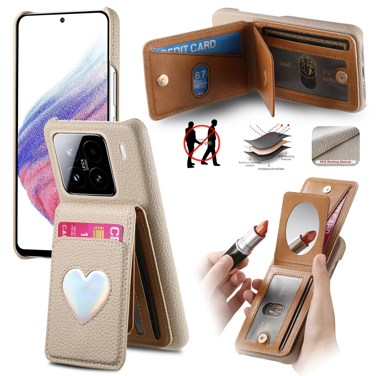 

Кожаный чехол-кошелек с узором личи и зеркалом для макияжа Love для Xiaomi Redmi Note 14 Pro 4G 14C, противоударный чехол RFID