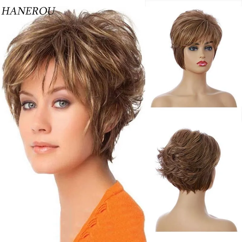 

Synthetic Short Curly Pixie Brown Wig With Bangs for Women Daily Wear Cosplay Natural Breathable Fake Hair