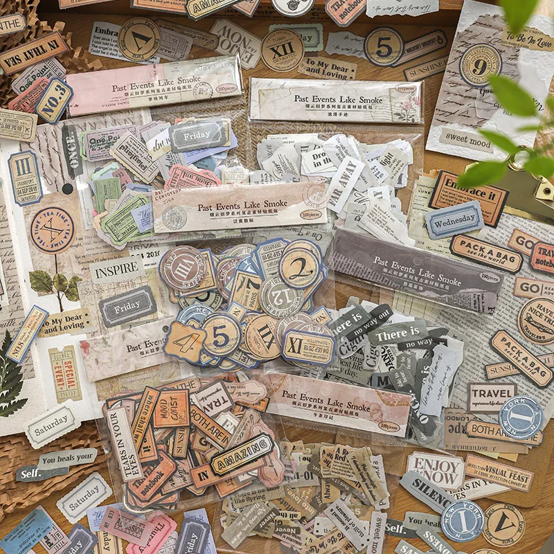 100 pcs Retro label Stickers Vintage English labels Decorative Scrapbooking Diary Album Collage material junk journal supplies