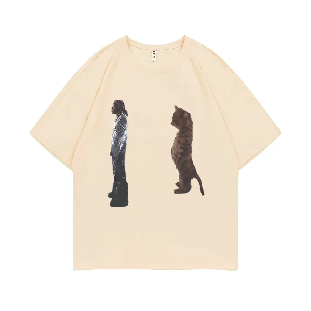 European American Ins Standing Cat Graphic Print Male Female Pure Cotton T-shirt Summer Y2k Couple Personality Half-sleeved Top