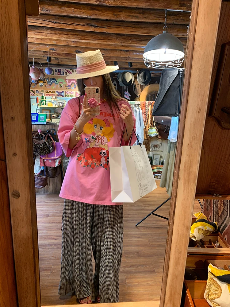 กางเกงขายาวทรงกว้างผ้าบางสำหรับฤดูร้อน ลายสก็อตสีขาวดำ เอวยางยืด ดีไซน์ทันสมัย สไตล์ลำลอง