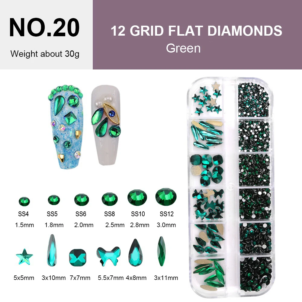 

12 Grids Glitter Green Crystal Rhinestones Mix Shapes Nail Art Accessories Diy Decorations Nail Charms Free Shipping