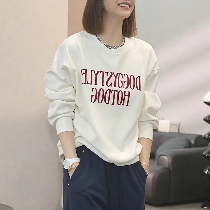 

Женская толстовка с круглым вырезом и буквенным принтом, с длинными рукавами, весенне-осенняя, больших размеров, модная, универсальная, удобная, повседневная.