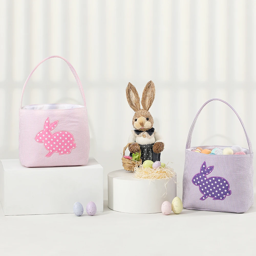 Seersucker Pasen Emmer Gedrukt Dot Konijn Plaid Bunny Mand Canvas Kids Eieren Hunt Draagtas Gift Bag Speelgoed Party Handtas