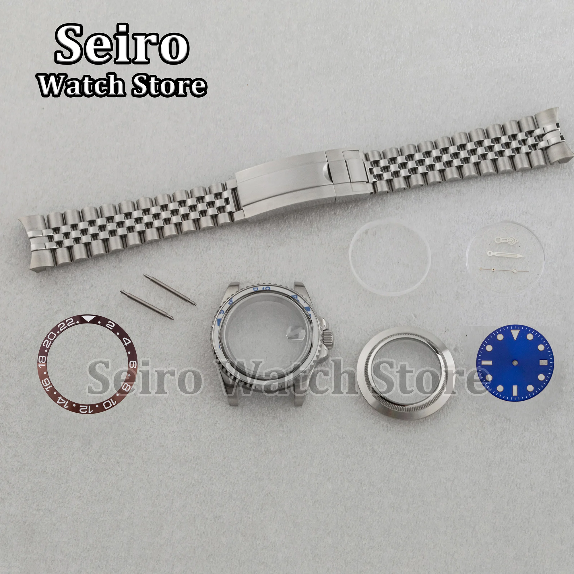 

40MM Watch Case Jubilee Strap Luminous Needles 28.5MM Blue Dial Silver Accessories for SUB GMT Yacht NH35 NH34 NH36 Movement