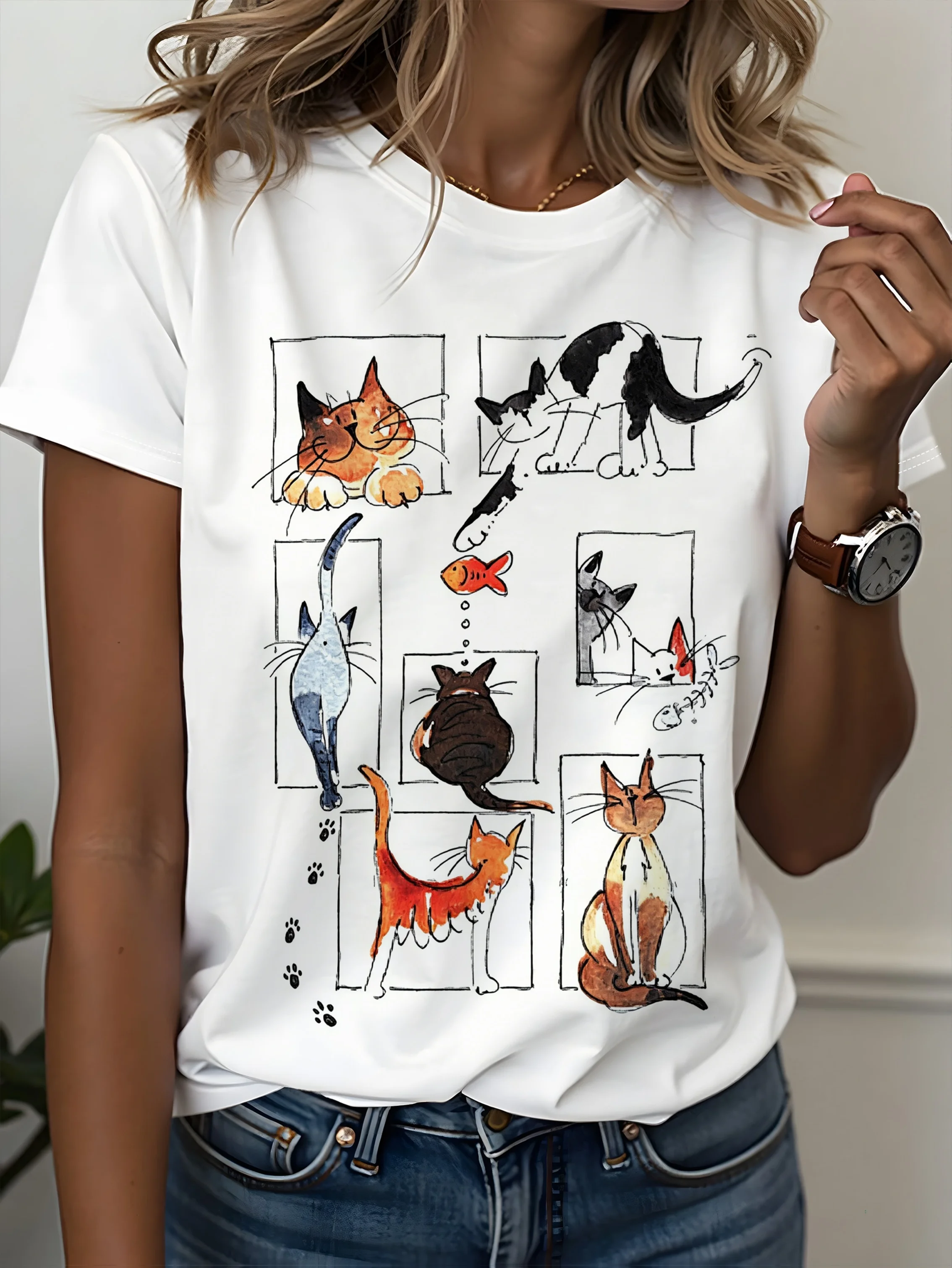 Adorably Cute And Fun! Women's Short-sleeve T-shirt Featuring Cat Illustrations With Multiple Cats In Playful Poses, Rendered In A Fresh Hand-drawn Style. A Standout Piece For Everyday Wear.