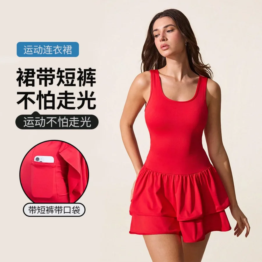 

【New style】Sports dress women's backless hollowed-out anti-exposure tennis dress women's sports fitness yoga onepiece dress
