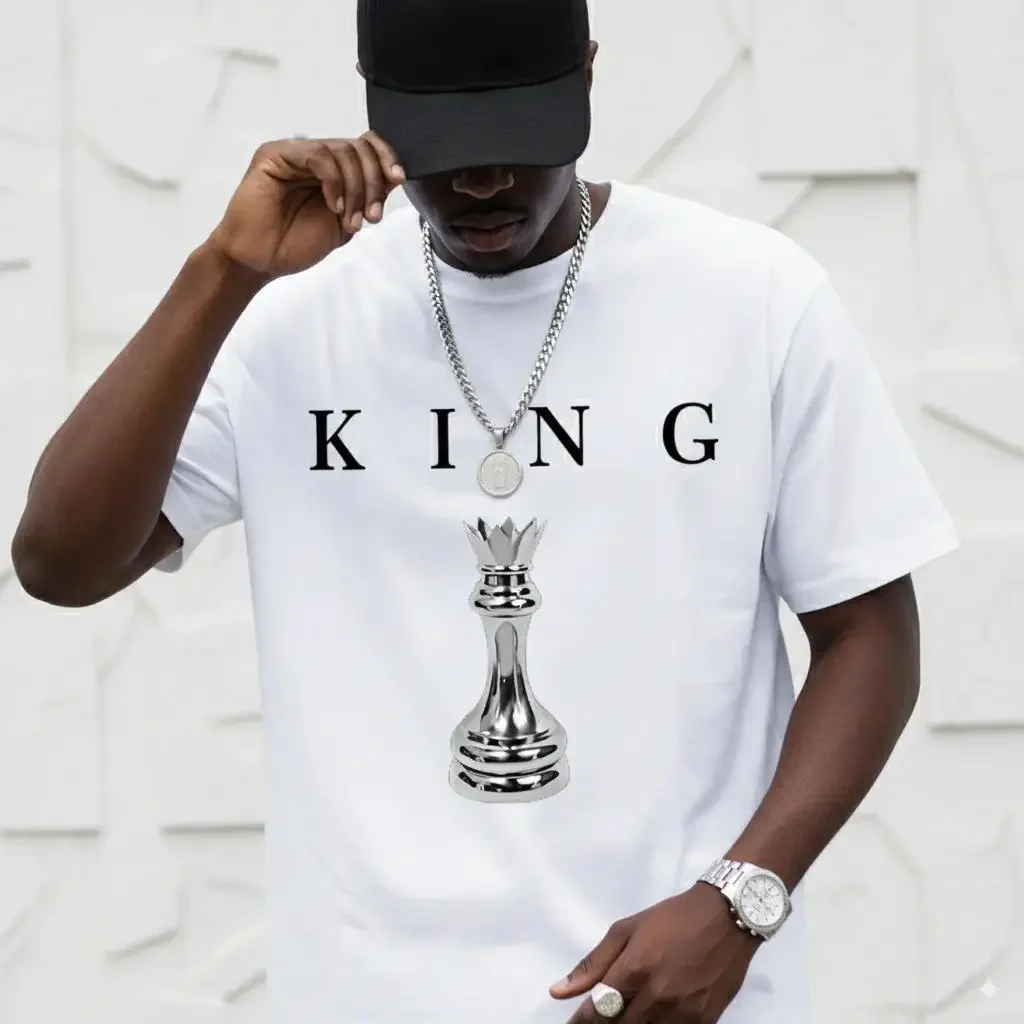 Men's Photorealist Chess King Graphic T-Shirt - Unisex, Loose-Fitting, Classic Fit 180GSM Draped Cotton Tee, Casual Short-Sleeve, Photorealistic Digital Transfers, Minimalist, Multi-Size (3XL,4XL), Menswear Tops, All Seasons