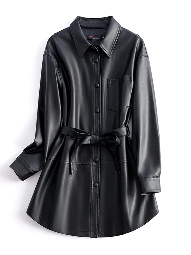 ファッショナブルなシープスキンレザージャケット女性のミッドレングス韓国スレルーズプラスサイズトレンディなウインドブレーカーコート春秋