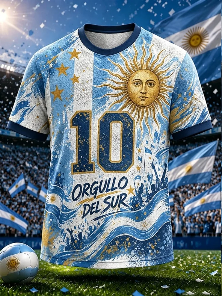 2026 Summer Argentina Soccer T-shirt Men Women Retro Football Jersey 3D Print Harajuku Hip Hop T Shirt Light Blue Casual Tops