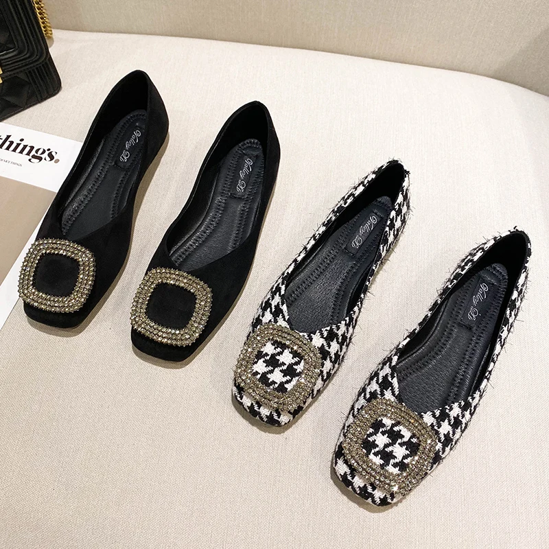 Women Flats Black Dressy Comfort Lady Casual Shoes Slip on No Lace Flat Heel Shoes for Girls Small Size 31 32 33 34 Houndstooth