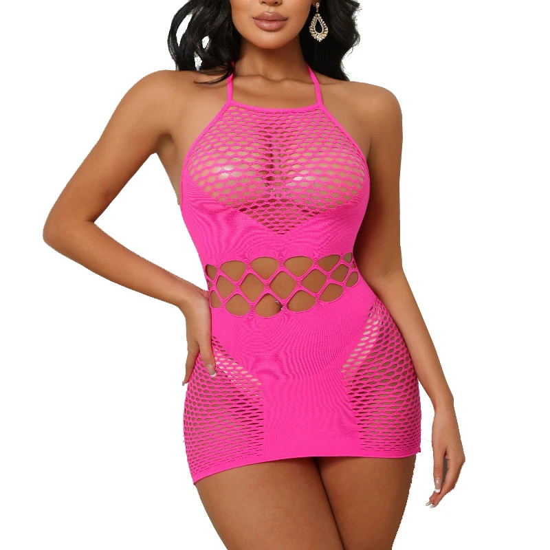 Sexy Mesh Hollow Out Halter Mini Dress Women See Through Net Bodycon Party Clubwear  Bikini Not Included, Cover Up Only