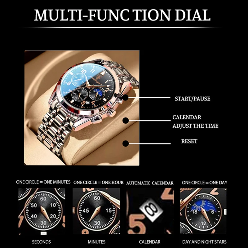 POEDAGAR Moon Phase Watch Men Fashion Stainless Steel Luxury Brand Sports Watches Male Waterproof Business Clock Hombre Luminous