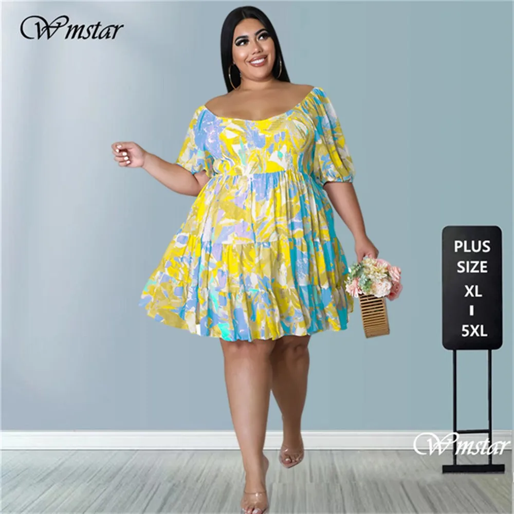 Wmstar Plus Size Women\'s Clothing  Dresses Summer Holiday Sexy One Shoulder Printed Elegant Mini Dress Wholesale Dropshipping