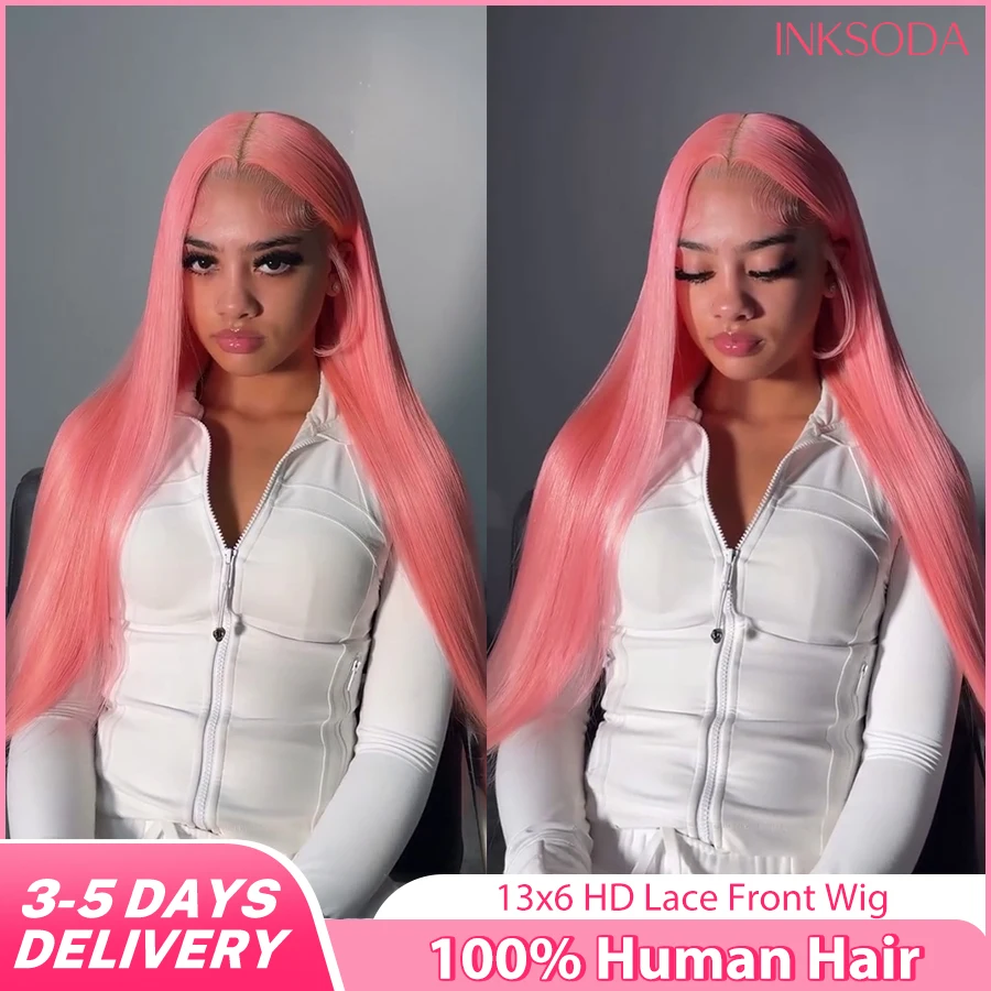 

13x4 Pink Wig Lace Front Human Hair Wig Brazilian 13x6 HD Lace Frontal Wigs Pre Plucked Pre Bleached Bone Straight Colored Wigs
