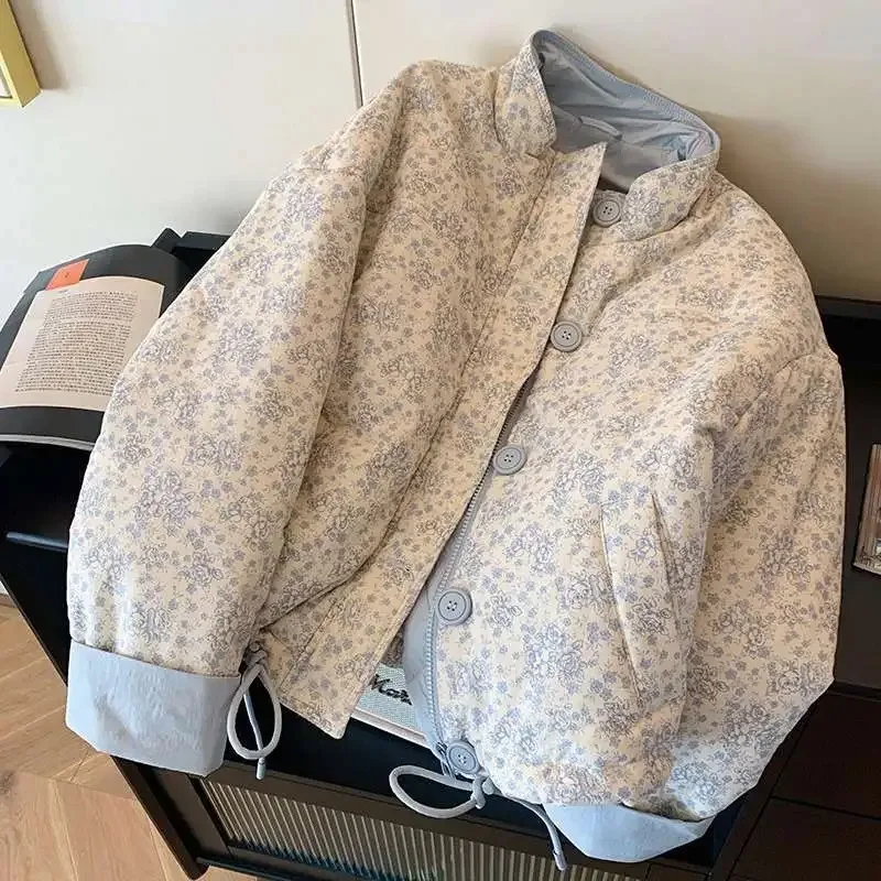 Printed Stand Up Collar Cotton Jacket For Women's Winter 2025 New Casual Loose Korean Version Sweet Warm Cotton Jacket